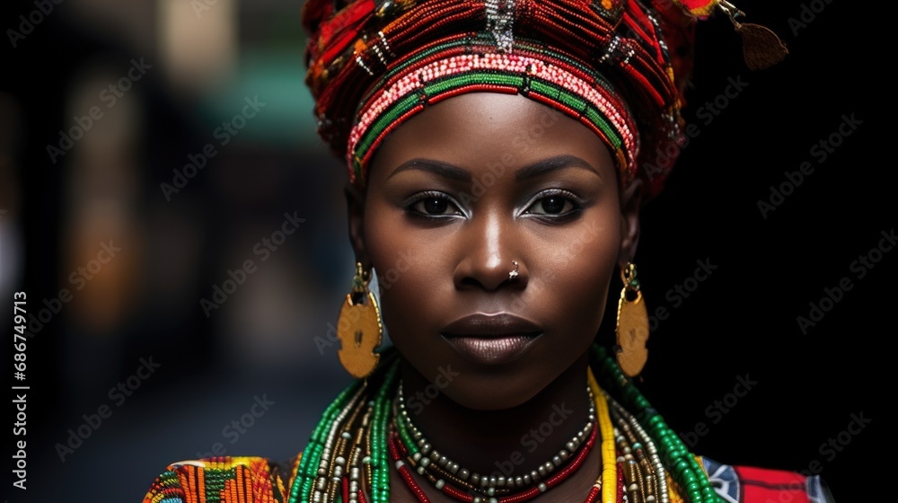 African woman wearing traditional national clothing and head wrapper. Black History Month concept. Black beautiful lady close-up portrait dressed in colourful cloth and jewellery. .