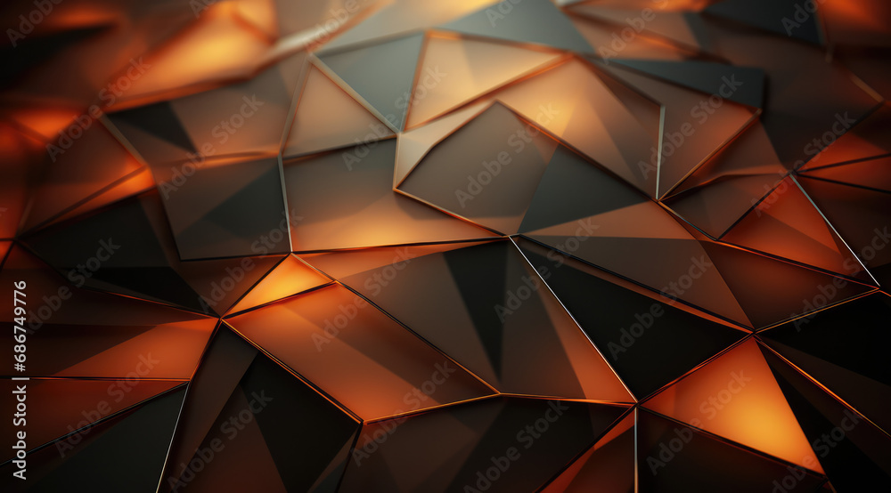 Obraz premium Dark geometric shapes with orange glowing fracture with glowing fiery cracks in a 3D render.