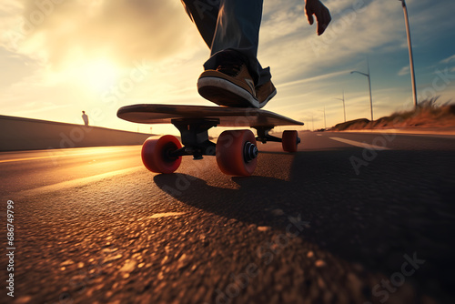 Urbaner Longboardzauber - Ein Longboarder bringt Schwung und Stil in die Stadt mit dynamischem Fahrspaß photo