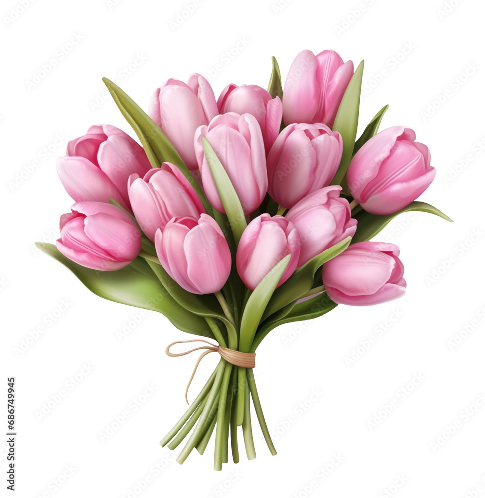 Bouquet of pink tulips on transparent background, realistic illustration. Valentine's Day Bouquet of pink tulips on transparent background, realistic illustration. Valentine's Day