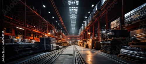 raw metal materials in factory warehouse, warehouse with racks and loading and unloading cranes photo