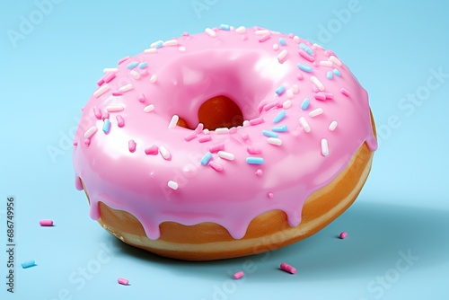 cute pink glazed donut on a blue surface, strewn with sprinkles and glazed with pink cream