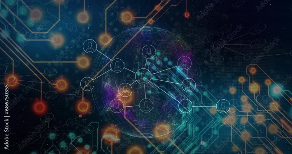 Animation of flowchart of icons and circuit board pattern over globe against abstract background Animation of flowchart of icons and circuit board pattern over globe against abstract background