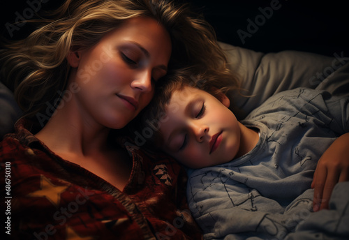 a mother and her young child are in deep sleep, their faces relaxed and peaceful. The soft ambient lighting envelops them, highlighting their serene expressions and the closeness of their bond.