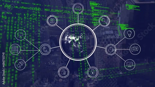 Animation of flowchart, globe and computer programming language over abstract background photo