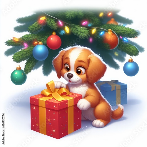 cute dog with santa hat and christmas gifts christmas background © Садыг Сеид-заде