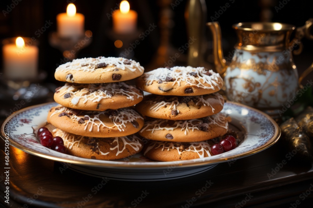 plates with cookies and cookies on the table, cookies are painted with small beautiful details