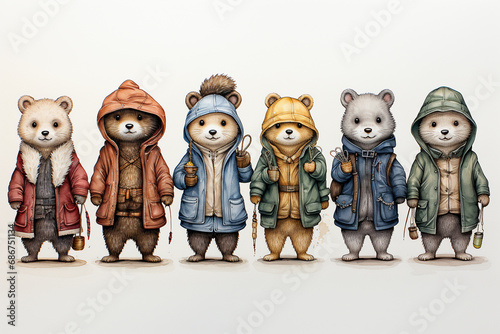 die-cut stickers of bears in winter clothes standing in a row on white background