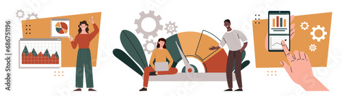Business benchmarking set. Man and women with graphs and diagrams, gauge indicator. Statistics and infographics. Marketing analysis. Cartoon flat vector collection isolated on white background