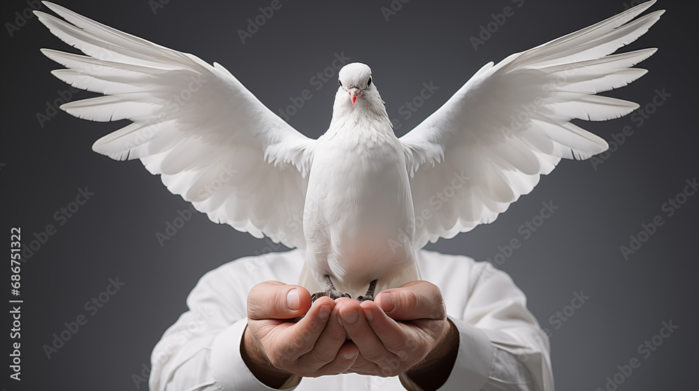 white dove in the hands of a man on a gray background. - obrazy, fototapety, plakaty 