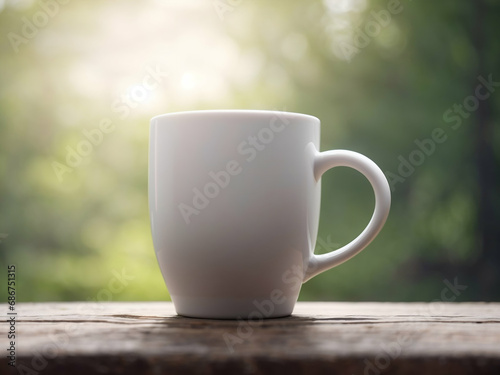 mockup white empty mug on the background of nature, green pleasant nature