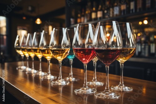 Rows of beautiful glasses elegantly arranged on the bar counter, inviting guests to indulge in tasting a variety of wines and drinks.