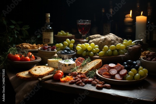 A richly set table featuring a dish adorned with carefully sliced meat, cheese, and bread for a festive occasion.
