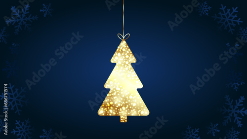 Navy christmas background. Gold christmas tree with bokeh