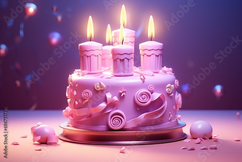 pink birthday cake with lit candles in a beautiful room. Cake. Present. Birthday