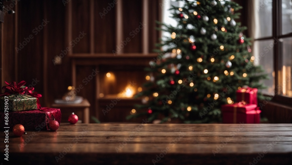 Minimal Christmas tree and gift boxes on a empty wooden table 