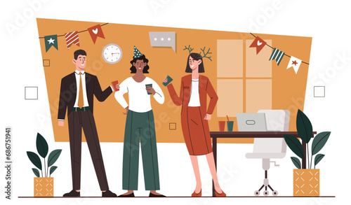 Corporate xmas party concept. Man and women with drinks in cups and cone hats. Christmas and New Year, winter holidays. Cartoon flat vector illustration isolated on white background