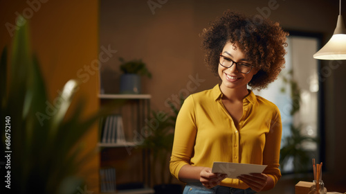 Woman with curly hair and glasses is writing in a notebook at a home office