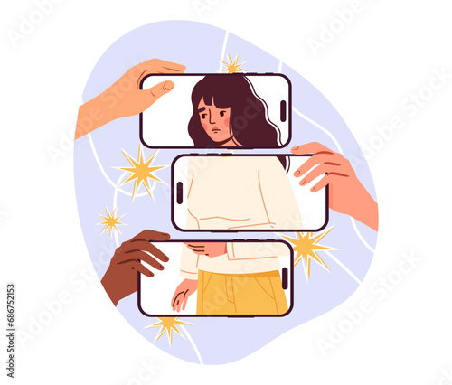 Cyber bullying concept. Woman at smartphone screens. Young girl with insults on internet. Bad feedback in social networks and messengers. Cartoon flat vector illustration isolated on white background