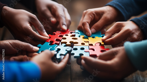 A visual representation of a diverse group of people, each as a piece of a common puzzle. The concept of dissimilarity and uniqueness photo