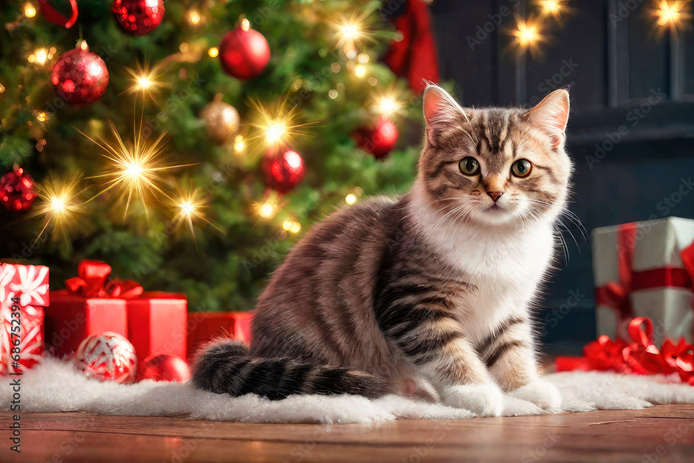 Beautiful kitten under the Christmas tree among the gifts.  Cozy winter holidays, Merry Christmas and happy new year.