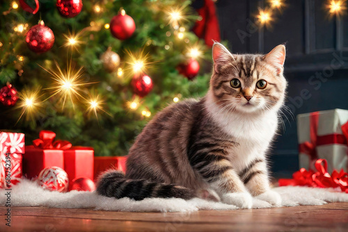 Beautiful kitten under the Christmas tree among the gifts. Cozy winter holidays, Merry Christmas and happy new year.