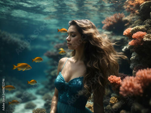 mermaid, beautiful girl underwater in a dress