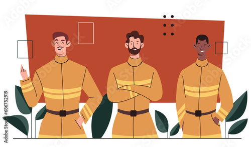 Team of fireman concept. Man in yellow protective uniform. Emergency service employees. Safety and protection from fire. Cartoon flat vector illustration isolated on white background