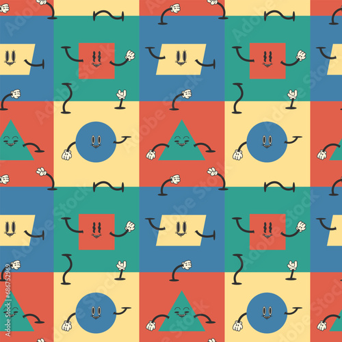 Funny cartoon geometric different shapes with happy emotions. Vector cartoon flat cute characters isolated.Groovy retro style.Geometric shapes pattern,print
