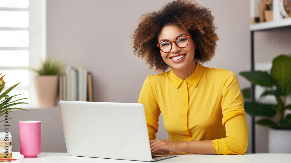 Happy woman working on a laptop in her home office Happy woman working on a laptop in her home office