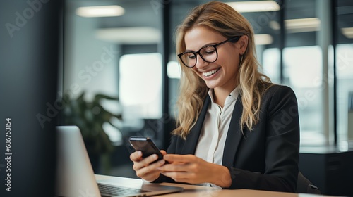Happy business woman holding phone using cellphone in office. Smiling professional businesswoman executive using smartphone cell mobile apps on cellphone working sitting at desk. generative AI