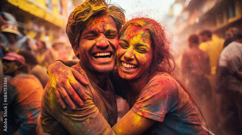 Happy couple with holi powder. Holi is the Indian festival of colors generativa IA