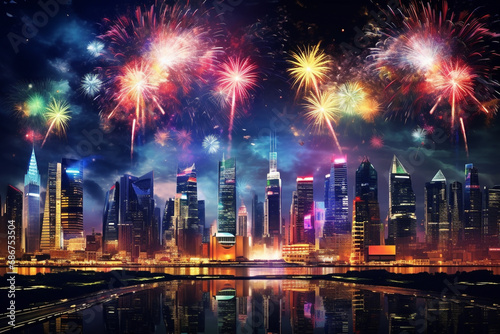  fireworks and pyrotechnics for end-of-year /new year, celebrations in the city streets background, , skyline aerial view buildings, neon blue vaporwave colors mood