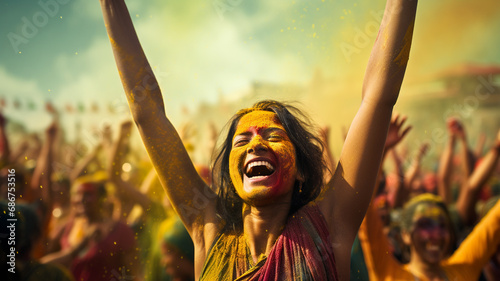 Portrait of a happy young woman with raised hands at holi festival generativa IA © Victor