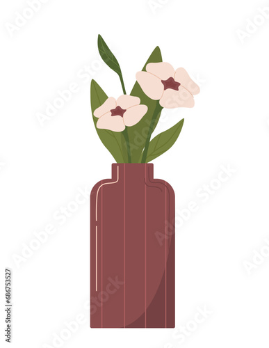 Flowers in vase concept. Bouquet of plants in red jug. Romantic present and gift. Beauty and elegance. Template and layout. Cartoon flat vector illustration isolated on white background