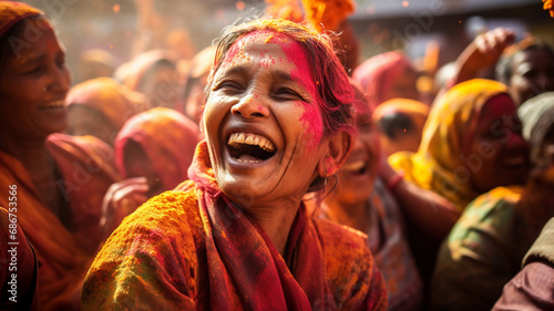 Unidentified Hindu people celebrate Holi festival in Varanasi, Uttar Pradesh, India. Holi is one of the most celebrated festivals in India. generativa IA