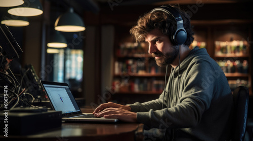 Stock photo of a sound engineer mixing audio for a documentary in a library generative ai photo