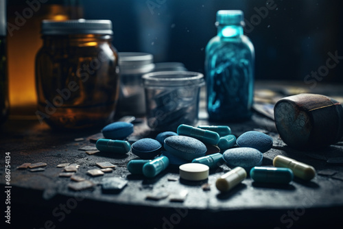 various drugs scattered on the table in blurred light, in the style of dark gray and azure created with Generative Ai