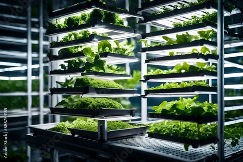 **vertical farming, growing plants in watar under artificial lighting,indoors, sustainable agriculture, food concept,--