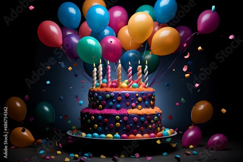 Festive Birthday Cake Celebration, Balloons, Confetti, Dessert, Party