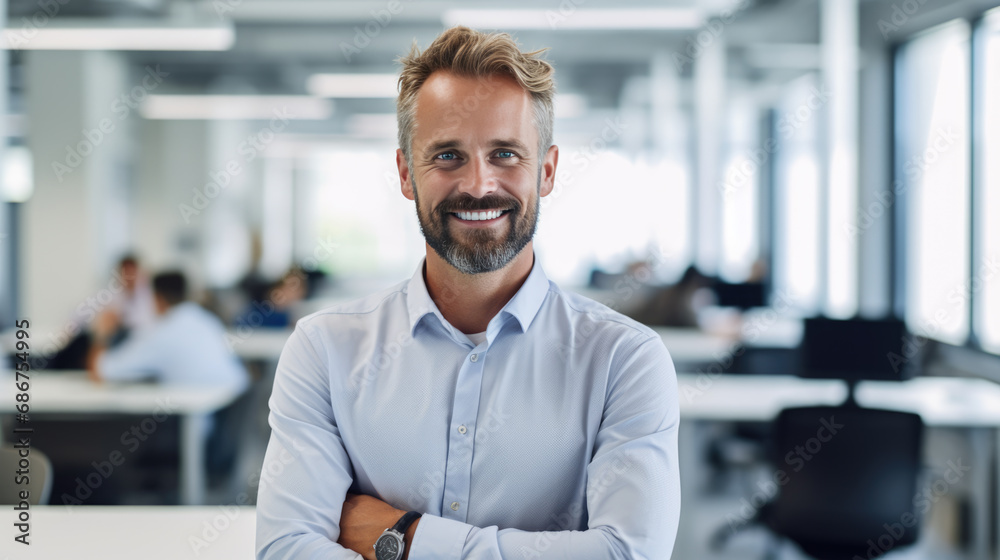 Smiling businessman standing in his office Smiling businessman standing in his office