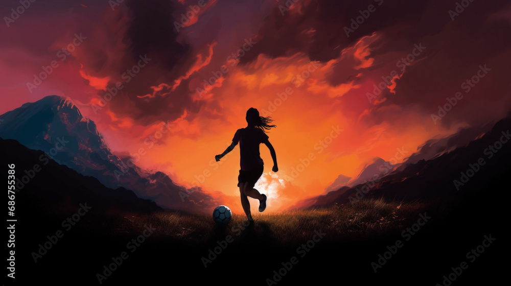 Backlit shadow woman trains with soccer ball running over mountain at sunrise