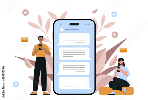 Online communication concept. Man and woman with messages near smartphone. Interaction in social media and messengers. Chat on internet. Cartoon flat vector illustration isolated on white background