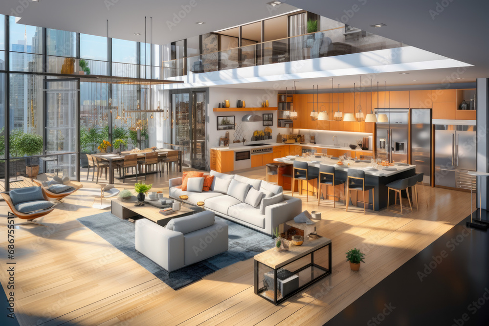 Fototapeta premium Open concept apartment, where spaciousness and seamless flow reign supreme. Walls disappear, creating an expansive living area that fosters connection and a sense of airiness.