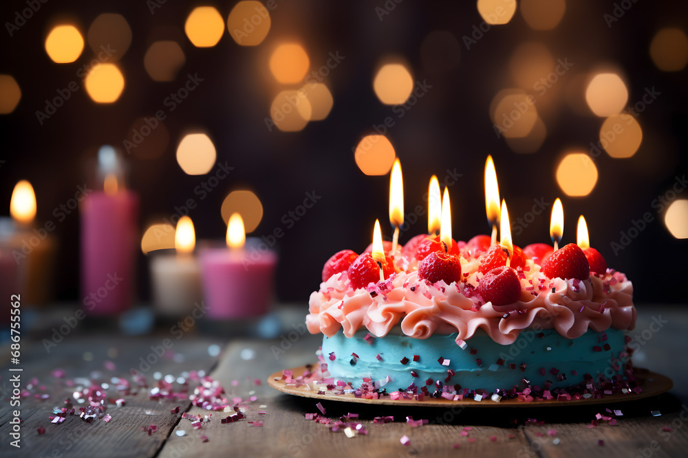 birthday party balloons, colourful balloons background and birthday cake with candles	