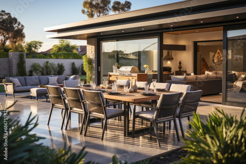 Blend of indoor and outdoor living with modern home, where large sliding glass doors open up to a lush patio, creating an expansive and inviting living space © Microgen