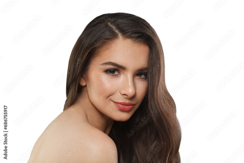 Nice brunette model woman with long wavy hair and shiny fresh skin posing on white background, fashion beauty studio portrait Nice brunette model woman with long wavy hair and shiny fresh skin posing on white background, fashion beauty studio portrait