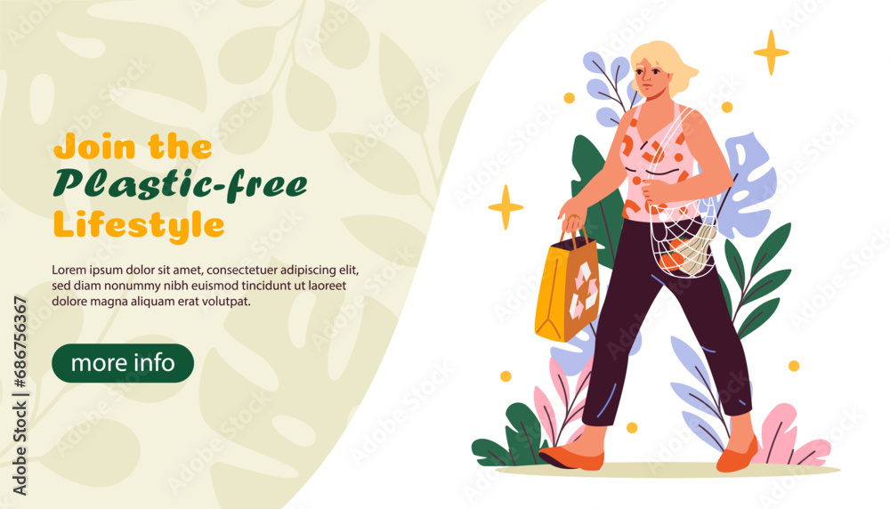 Plastic free poster. Zero waste lifestyle, recycling and reuse. Care about nature and ecology, environment. Landing page design. Woman with string and paper bags. Cartoon flat vector illustration Plastic free poster. Zero waste lifestyle, recycling and reuse. Care about nature and ecology, environment. Landing page design. Woman with string and paper bags. Cartoon flat vector illustration