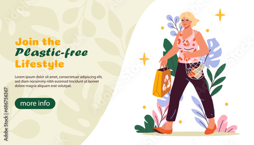 Plastic free poster. Zero waste lifestyle, recycling and reuse. Care about nature and ecology, environment. Landing page design. Woman with string and paper bags. Cartoon flat vector illustration