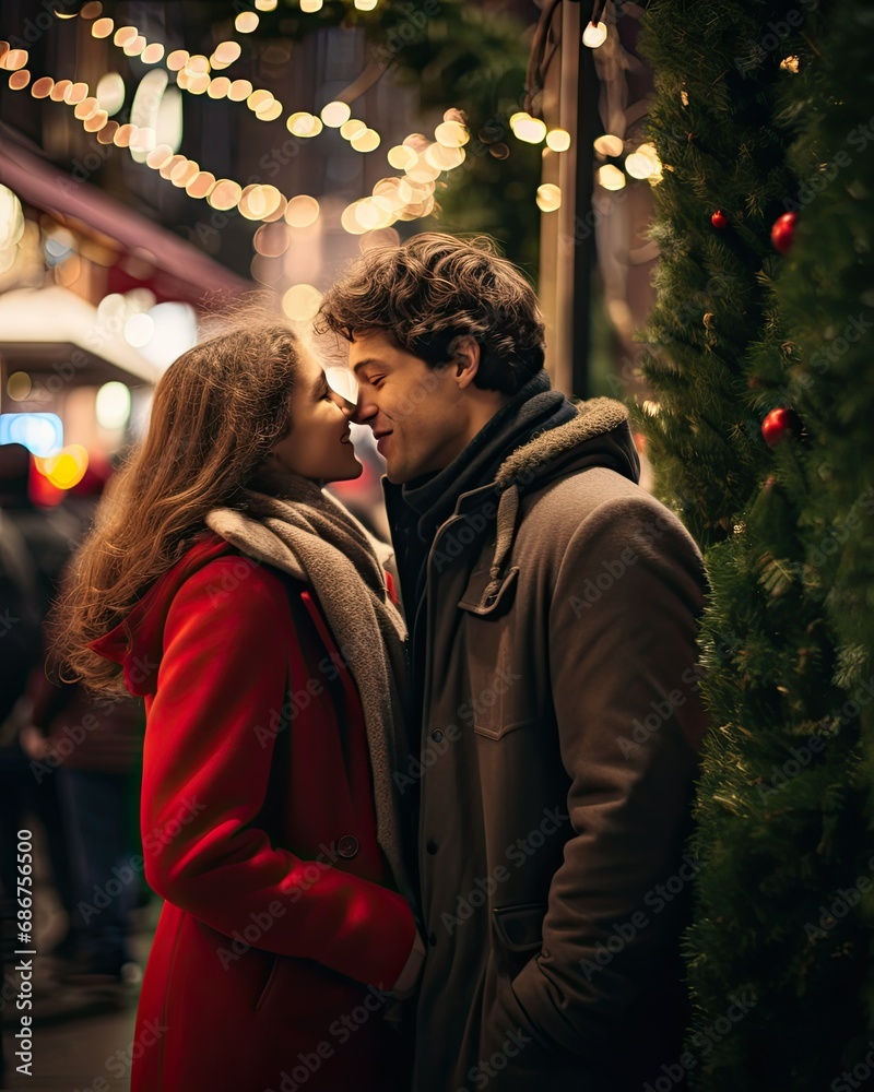 Couples kissing at the end of the year, New Year's Day, Christmas, outdoor background Couples kissing at the end of the year, New Year's Day, Christmas, outdoor background
